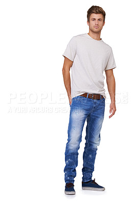 Buy stock photo Fashion, portrait and young man in a studio with casual, stylish and trendy outfit for confidence. Handsome, cool and full body of male model with tshirt and jeans style isolated by white background.