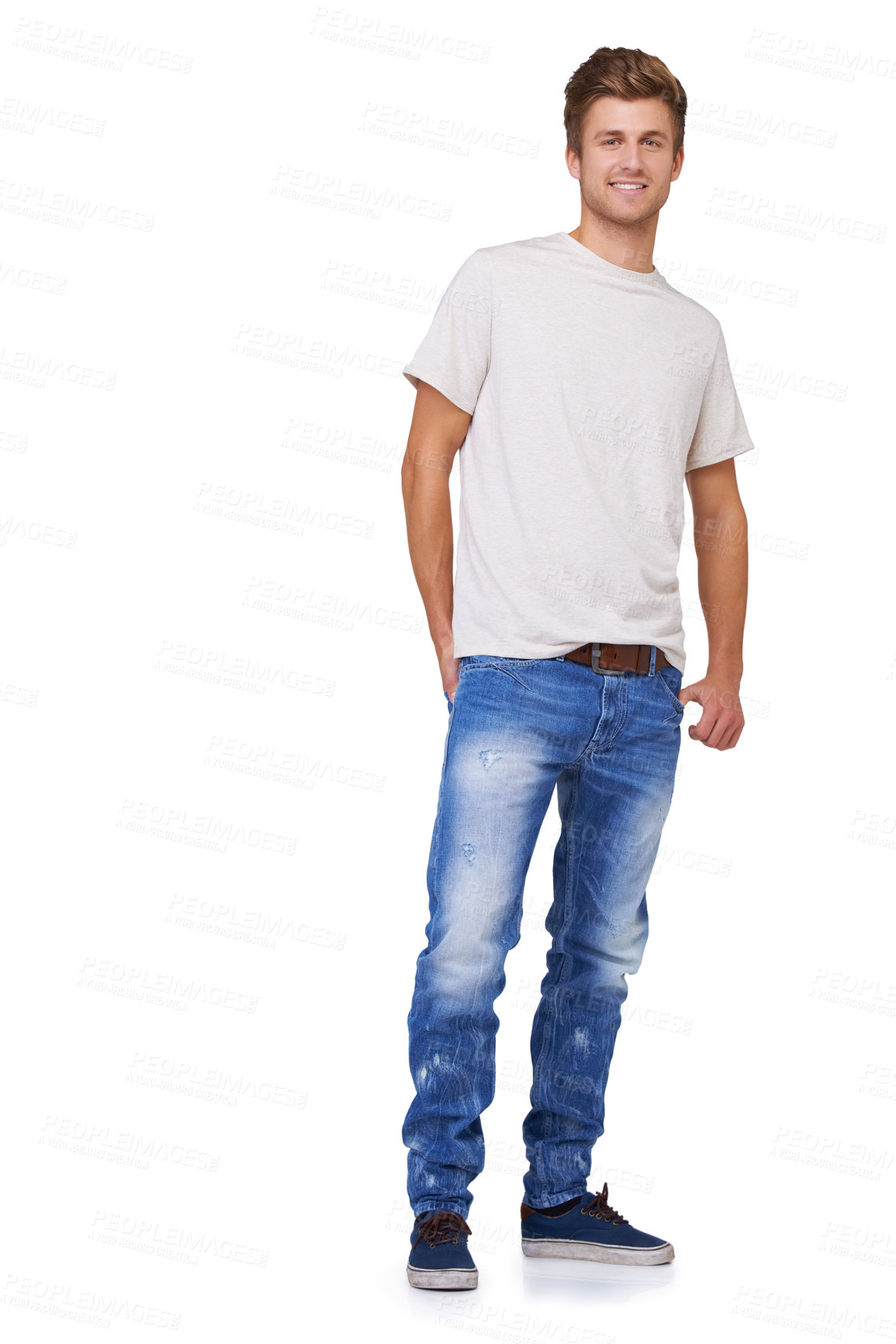 Buy stock photo Fashion, smile and portrait of man in a studio with casual, stylish and trendy outfit for confidence. Handsome, happy and full body of model with tshirt and jeans style isolated by white background.