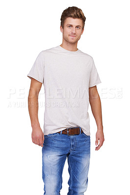 Buy stock photo Smile, style and portrait of man in studio with casual, stylish and trendy outfit for confidence. Handsome, cool and full body of male model with tshirt and jeans fashion isolated by white background