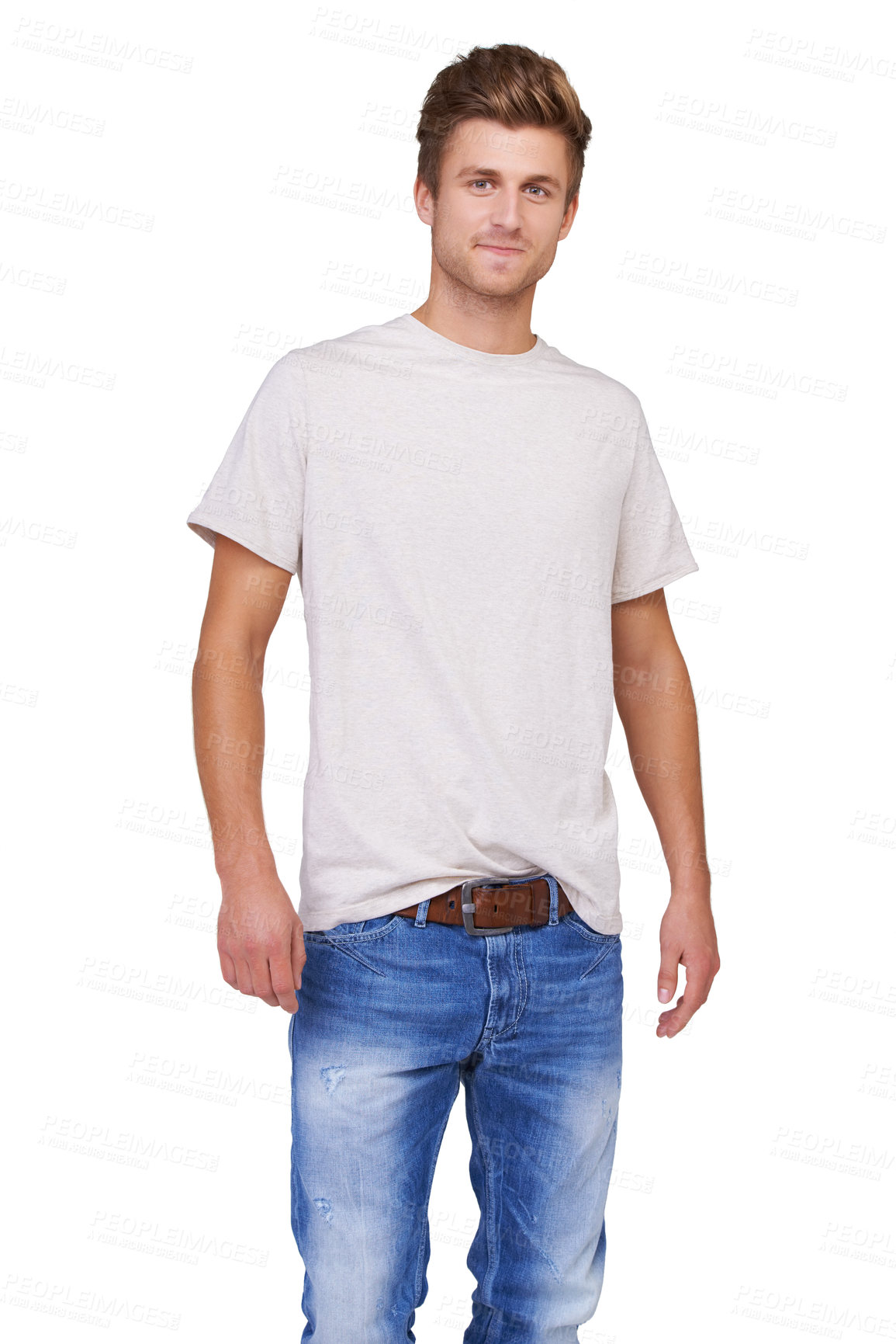 Buy stock photo Smile, style and portrait of man in studio with casual, stylish and trendy outfit for confidence. Handsome, cool and full body of male model with tshirt and jeans fashion isolated by white background