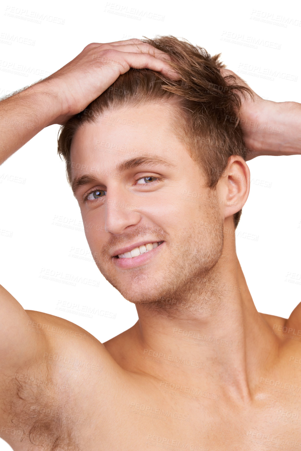 Buy stock photo Hair care, man and portrait with smile in studio for shampoo, treatment and wellness aesthetic with hands. Grooming, face and person with haircare routine, cosmetic and hygiene on white background