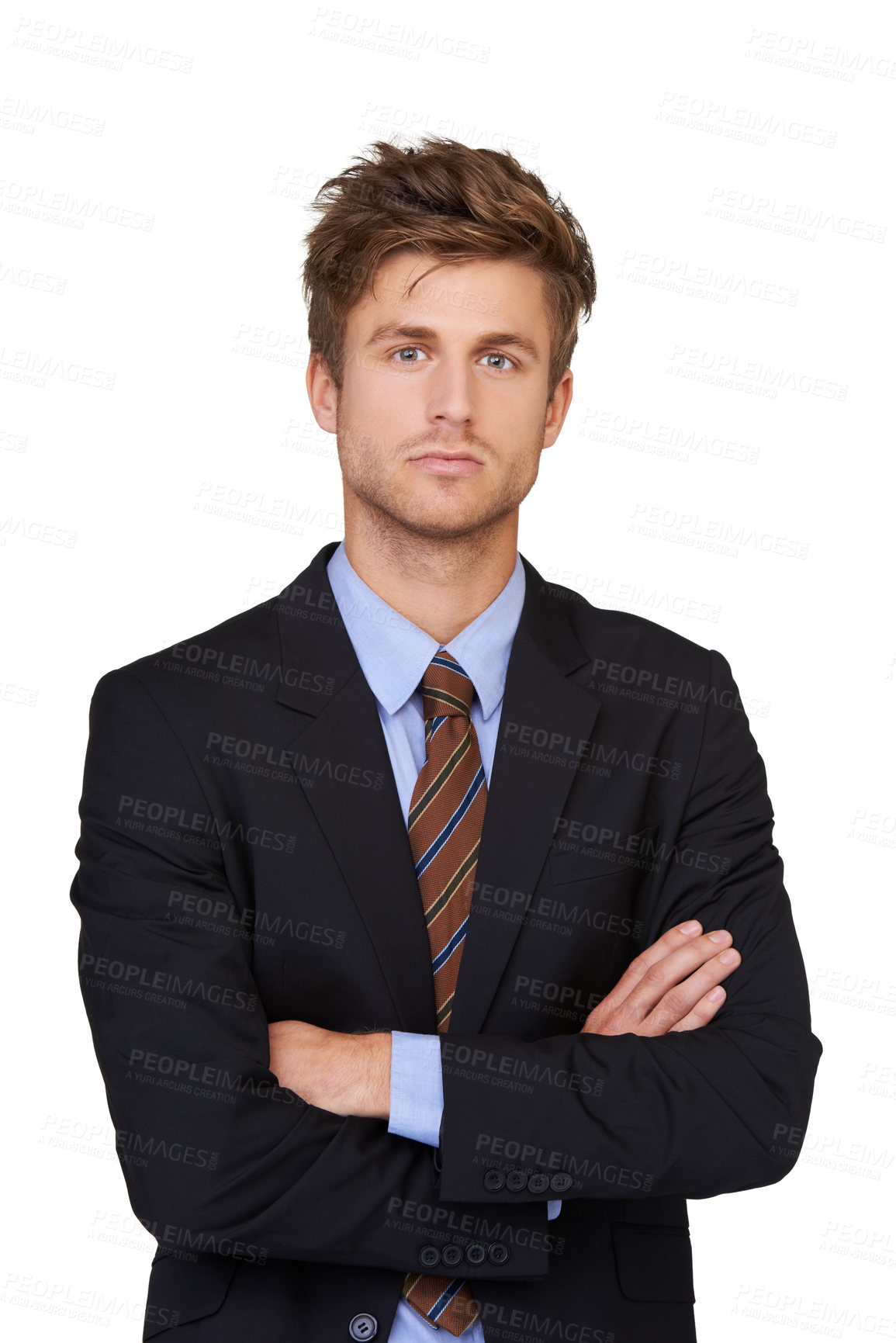 Buy stock photo Portrait of a handsome young businessman standing with his arms folded