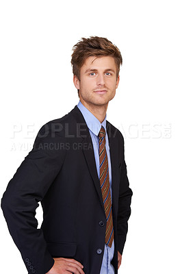 Buy stock photo Portrait, fashion and business man in studio with confident, attitude or positive mindset on white background. Corporate, clothes and face of professional male entrepreneur with trendy, style or suit