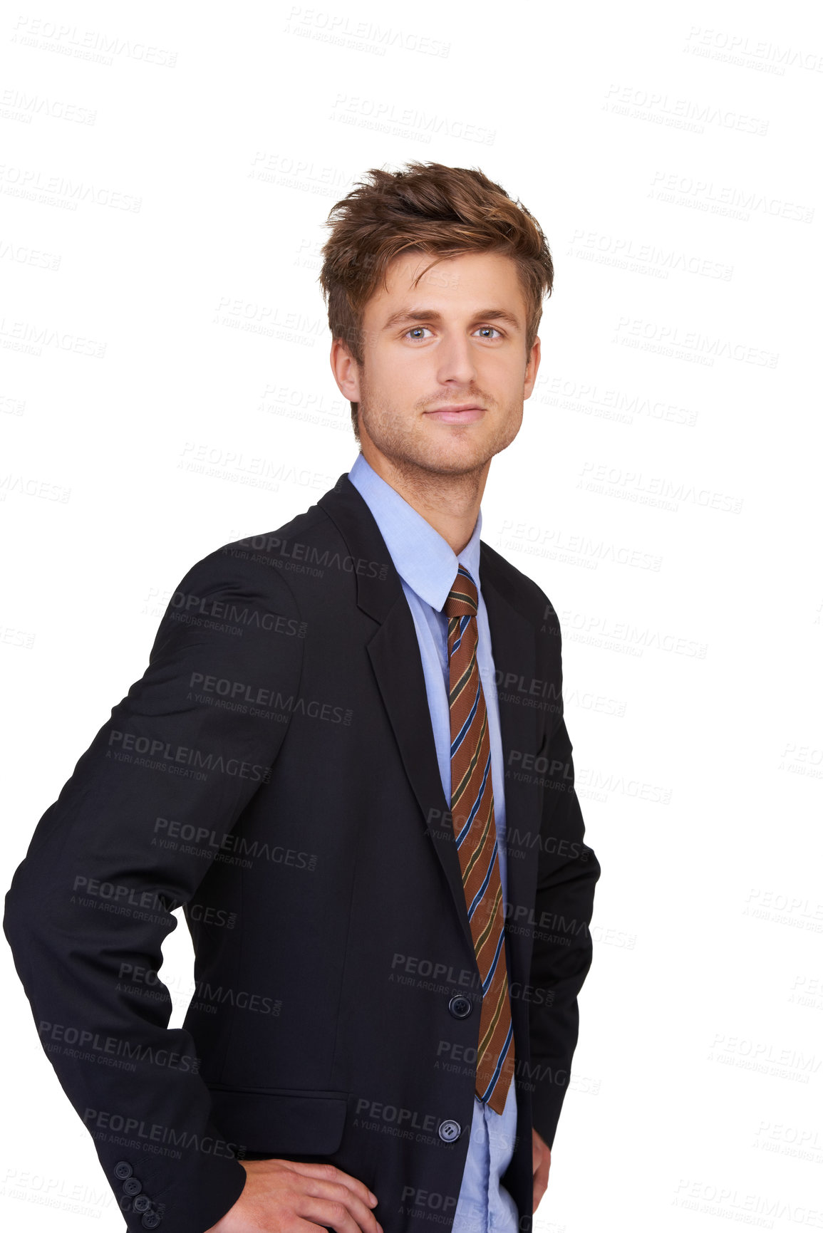Buy stock photo Portrait, fashion and business man in studio with confident, attitude or positive mindset on white background. Corporate, clothes and face of professional male entrepreneur with trendy, style or suit