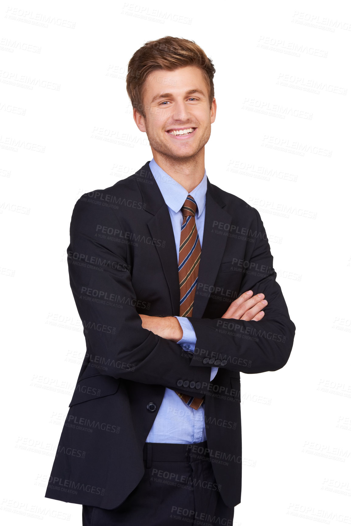 Buy stock photo Studio portrait, arms crossed and professional happy man, lawyer or advocate pride for legal services, justice and law firm work. Job experience, happiness and government attorney on white background