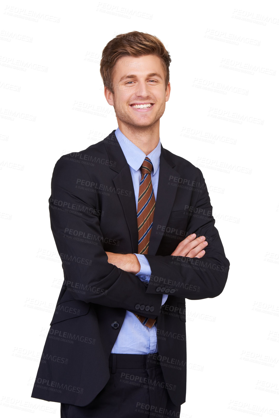Buy stock photo Studio portrait, arms crossed and happy man, business lawyer and smile for legal justice service, advisor or job experience. Attorney, confident agent and government consultant on white background