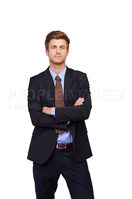 Buy stock photo Corporate portrait, arms crossed and studio man, real estate agent or realtor pride in property management services. Business career, professional job experience and developer on white background