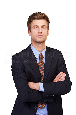 Buy stock photo Corporate portrait, arms crossed and studio man, real estate agent or realtor pride, confidence and profile picture. Expert, professional job experience and property developer on white background
