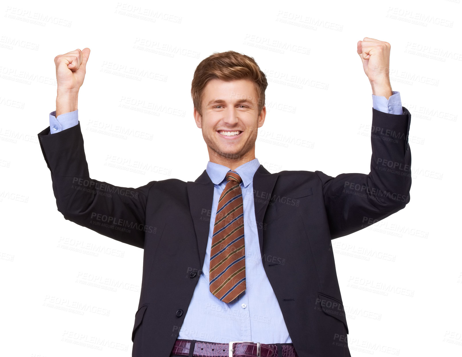 Buy stock photo Success, portrait and business man with winning fist in studio for startup, loan or approval on white background. Happy, face and excited entrepreneur with bonus, promotion or feedback celebration