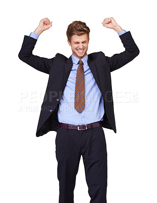 Buy stock photo Business man, winner and fist in studio success, job achievement or winning of bonus, sales or profit. Excited corporate worker with cheers, yes and celebration or opportunity on a white background