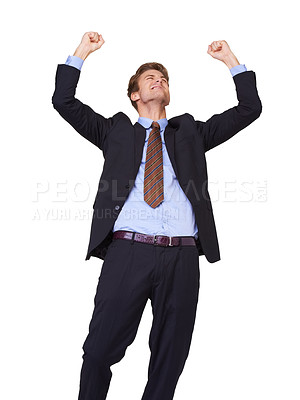 Buy stock photo Business man, winner and yes in studio success, job achievement or winning of bonus, sales or profit. Excited corporate worker with fist, cheers and celebration or opportunity on a white background