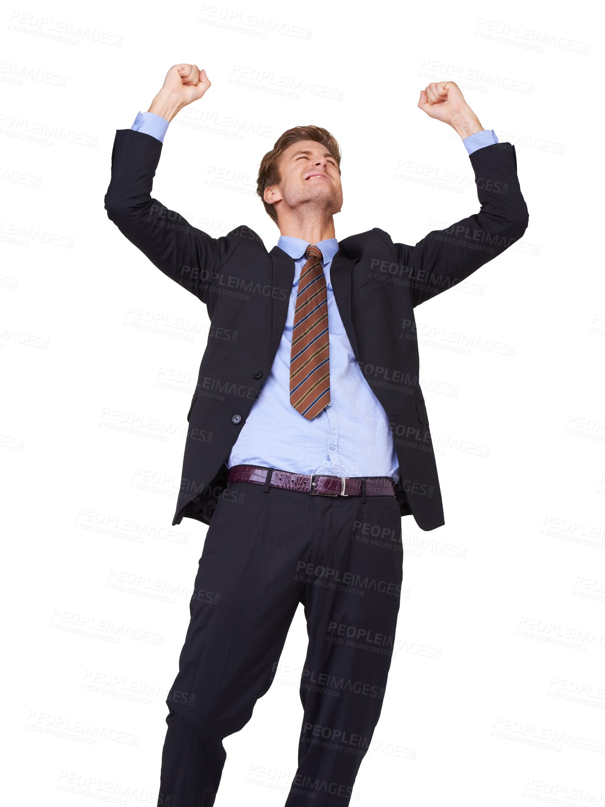 Buy stock photo Business man, winner and yes in studio success, job achievement or winning of bonus, sales or profit. Excited corporate worker with fist, cheers and celebration or opportunity on a white background