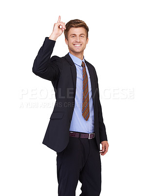 Buy stock photo Business, news and man portrait with hand pointing up in studio for info, announcement or promo on white background. Face, smile and entrepreneur show process, deal or direction, platform or offer