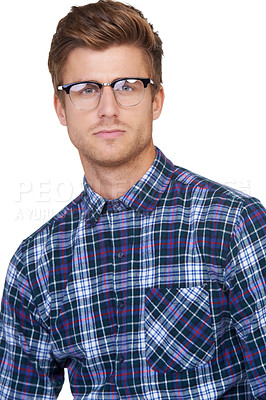 Buy stock photo Man, portrait and serious in studio with vision or glasses for marketing or advertising designer eyewear. Person, face and optometry with eye care and prescription eyeglasses on white background