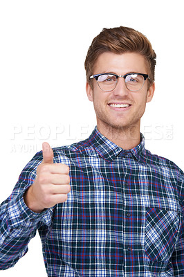 Buy stock photo Business man, portrait and thumbs up in studio for success and support, agreement and like emoji or vote hands. Face of worker or winner in glasses with okay, good job or vision on a white background