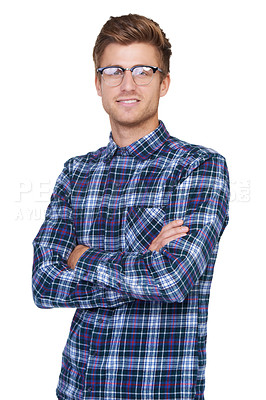 Buy stock photo Man, portrait and smile in studio with arms crossed and vision or glasses for fashion and designer eyewear. Person, face and optometry with prescription eyeglasses or spectacles on white background