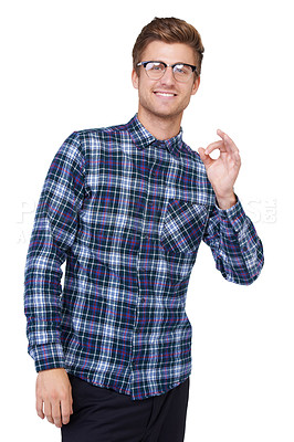 Buy stock photo Happy, portrait and man with perfect hands, glasses and gesture in studio on white background. Face, smile and male model with OK emoji, feedback or thank you, sign or support, motivation or success
