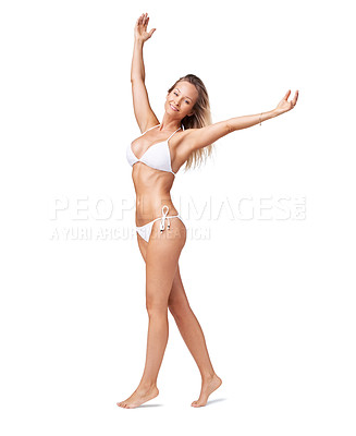 Buy stock photo Portrait, stretching and woman with underwear, wellness and fitness isolated on white studio background. Person, girl and model with happiness, bikini and health with a smile, mockup space and energy