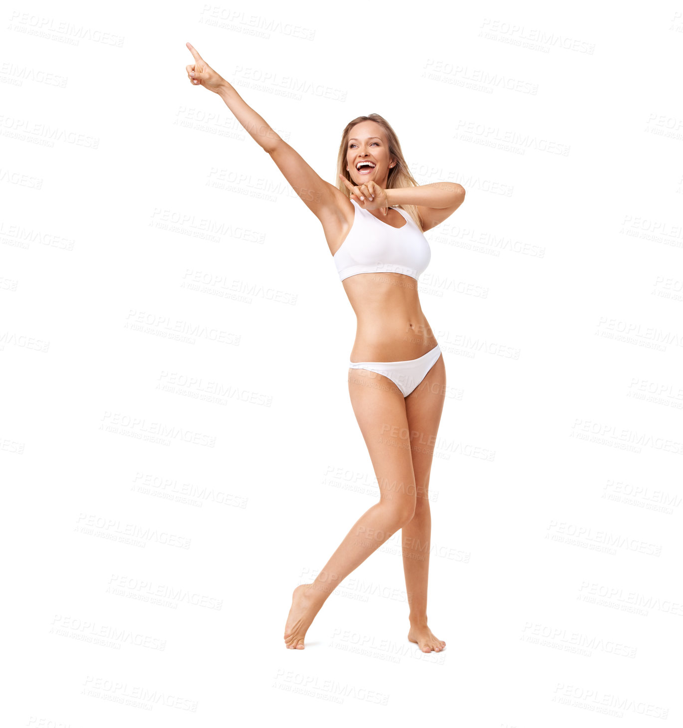 Buy stock photo Wellness, happy and woman in underwear pointing for health, skincare and diet in studio. Body, dermatology and isolated person in lingerie for fitness, lose weight and beauty on white background