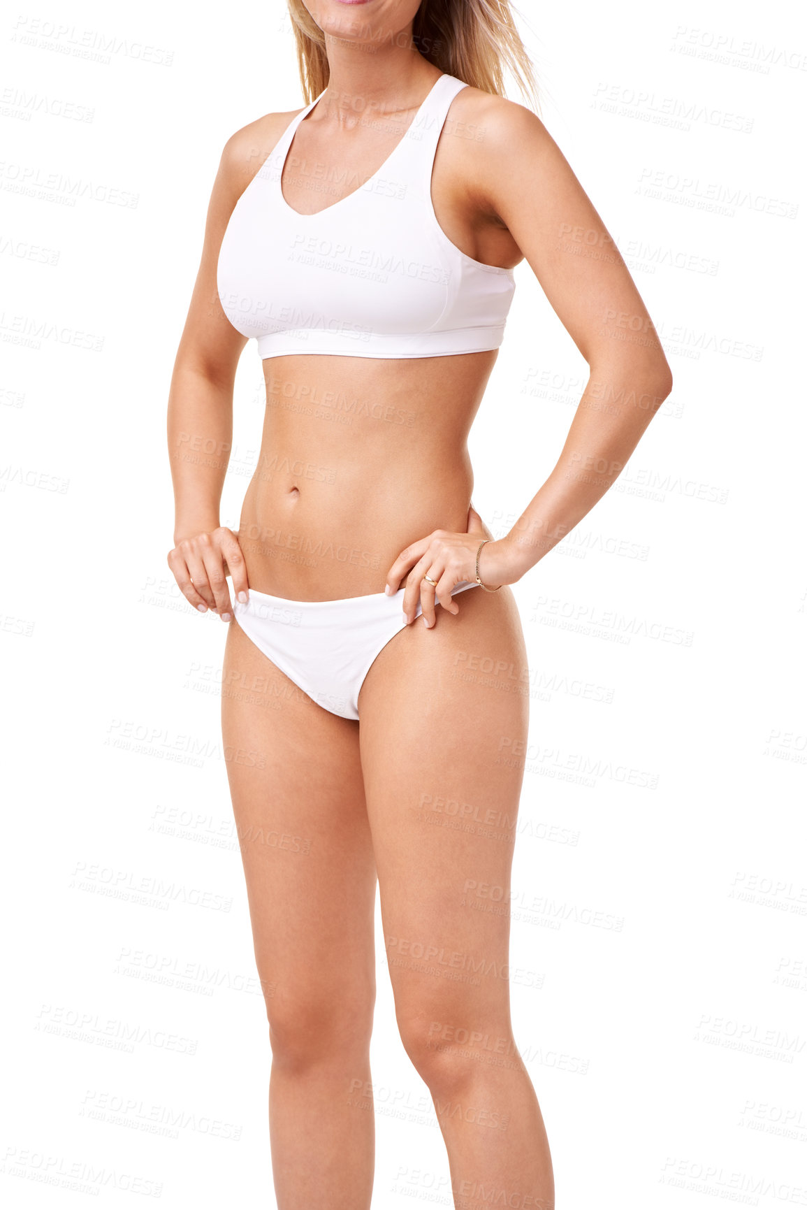 Buy stock photo Wellness, fitness and body of woman in underwear for health, skincare and diet in studio. Confidence, stomach and isolated person in lingerie for workout, lose weight and beauty on white background