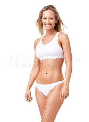 Buy stock photo Portrait, wellness and woman with underwear, body and fitness isolated on a white studio background. Person, girl and model with confidence, bikini and health with a smile, mockup space and energy