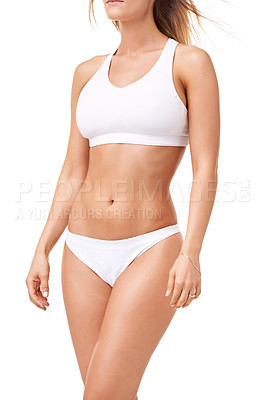 Buy stock photo Health, fitness and body of woman in underwear for wellness, skincare and diet in studio. Confidence, stomach and isolated person in lingerie for cosmetics, lose weight and beauty on white background