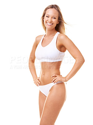 Buy stock photo Portrait, smile and woman with underwear, body and fitness isolated on a white studio background. Person, girl and model with happiness, bikini and health with wellness, mockup space, joy and energy