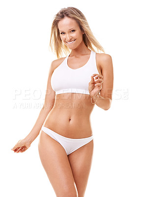 Buy stock photo Wellness, excited and portrait of woman in underwear for health, skincare and diet in studio. Body, happy and isolated person in lingerie for fitness, lose weight and beauty on white background
