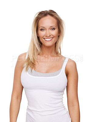 Buy stock photo Happy, studio portrait and woman with fashion, casual style and relax in trendy apparel tshirt, tank top and cotton clothes. Happiness, stylish and female model outfit isolated on white background