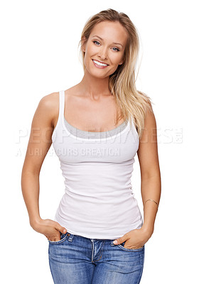 Buy stock photo Happy, studio portrait and woman with fashion, casual wear and trendy apparel t shirt, tank top and cotton fabric clothes. Beautiful girl, denim jeans and aesthetic model outfit on white background