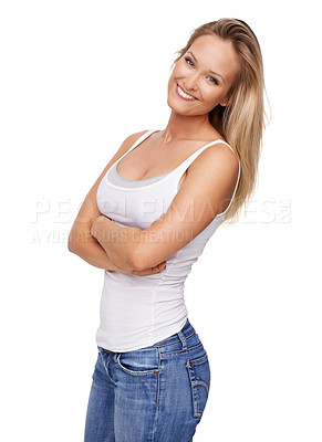 Buy stock photo Confident, fashion and portrait of woman with crossed arms in studio for beauty, pride and happy. Attractive, smile and isolated person in casual clothes, trendy outfit and style on white background