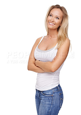 Buy stock photo Thinking, fashion and woman with crossed arms in studio for confidence, pride and attractive. Happy, smile and isolated person in casual clothes, trendy outfit and style in jeans on white background