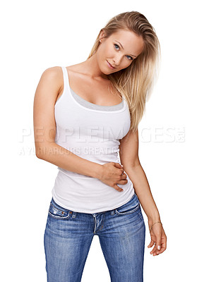 Buy stock photo Happy, studio portrait and woman with fashion, casual style and relax in trendy, jeans and clothes. Smile, stylish and fashionable female model outfit isolated on white background in tank top