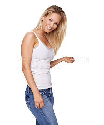Buy stock photo Studio, happy portrait and woman with fashion, casual style and relax in trendy jeans and clothes. Smile, confident and fashionable female model outfit isolated on white background in tank top