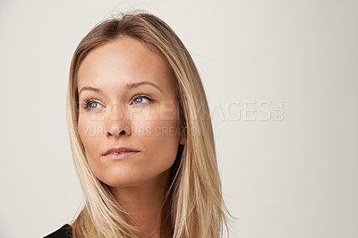 Buy stock photo Woman, thinking and studio white background for idea thoughts, decision or planning. Female person, model and mockup space for contemplating solution for problem solving, brainstorming or question