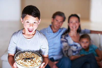 Buy stock photo A family playing a prank at halloween