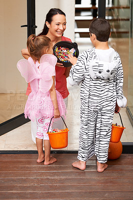 Buy stock photo Two kids trick-or-treating on Halloween