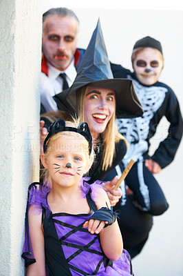 Buy stock photo A family dressed up for Hallowe'en together