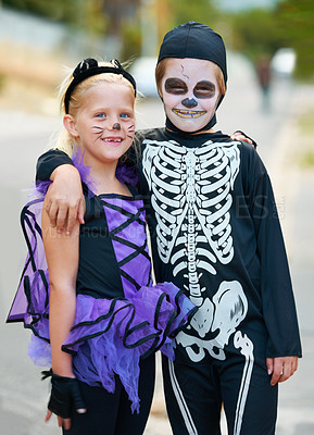 Buy stock photo Cute boy and girl dressed up for Hallowe'en