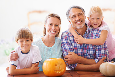 Buy stock photo Happy family, portrait and halloween pumpkins for holiday decoration, childhood memories and america. Parents, children and playful together with excitement, celebration and autumn tradition