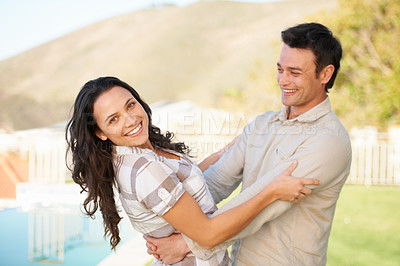 Buy stock photo Couple, dancing and outdoor with happiness, love and honeymoon for fun, romantic and smile. Relationship, bonding together and smiling for marriage, young and dance with face, joy and romance