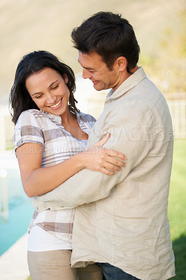 Buy stock photo Couple, happy and flirting with embrace, honeymoon and joy with smile, young and connect. Marriage, outdoor and love for commitment, bonding together and care for romantic relationship, man or woman
