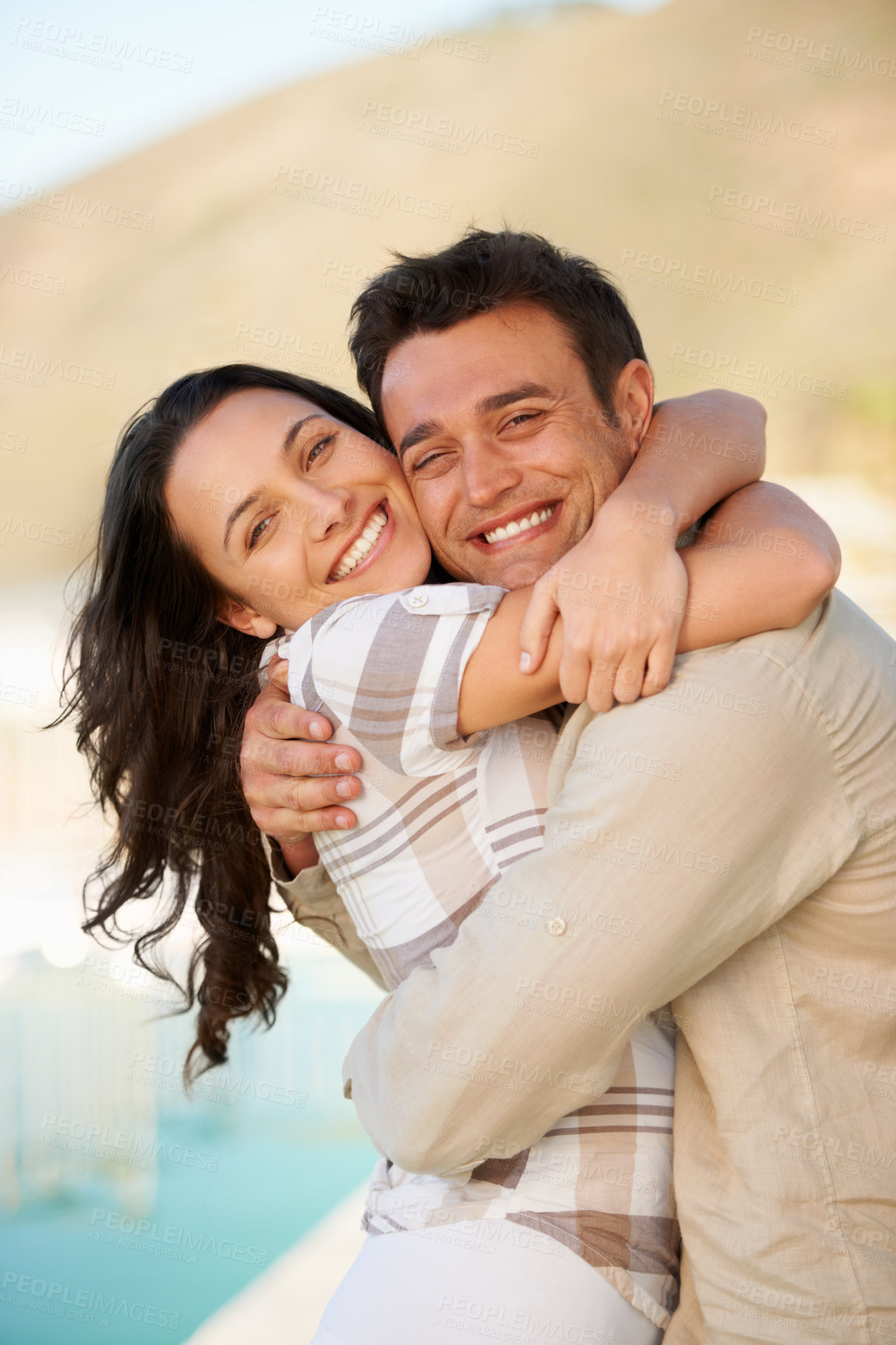 Buy stock photo Couple, happy and portrait with hug, honeymoon and joy with smile, young and connect. Marriage, outdoor and love for commitment, bonding together and care for romantic relationship, man or woman