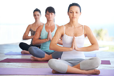 Buy stock photo Peace, meditation class and woman with zen and yoga exercise outdoor with a pilates instructor. Spiritual, namaste and wellness of training, workout and fitness group feeling calm from meditating