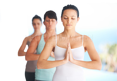 Buy stock photo Prayer hands, meditation and woman with yoga exercise outdoor with zen and pilates instructor. Spiritual, namaste and wellness of training, workout and peace from fitness friends group feeling calm