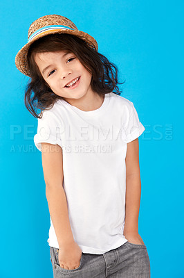 Buy stock photo Portrait of a cute little boy wearing a hat against a blue background