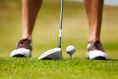 Buy stock photo Closeup of ball, athlete and club on golf course in contest, competition challenge and target training. Golfer, grass field and aim for action, stroke and impact in summer sports, lawn games and gear