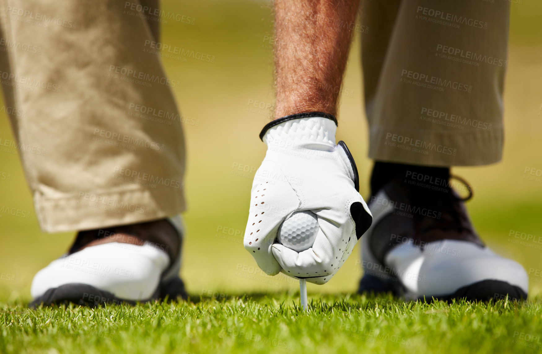 Buy stock photo Cropped image of a golfer putting his golfball on the tee