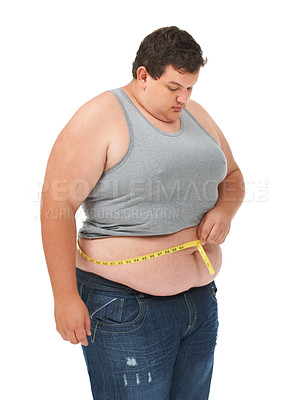 Buy stock photo Obesity, tape measure on stomach and man checking waist size, body care and isolated on white background. Male measuring abdomen for weight loss progress, healthcare and motivation on studio backdrop
