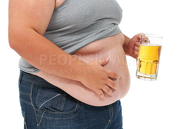 Buy stock photo Beer, weight gain and plus size stomach in a studio with alcohol problem with gut health issue. Heavy, overweight and drinking carbs with unhealthy body and alcoholic drink with high calories